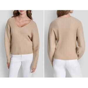 DKNY Transfer Rib V-Neck Sweater Taupe Large NWT